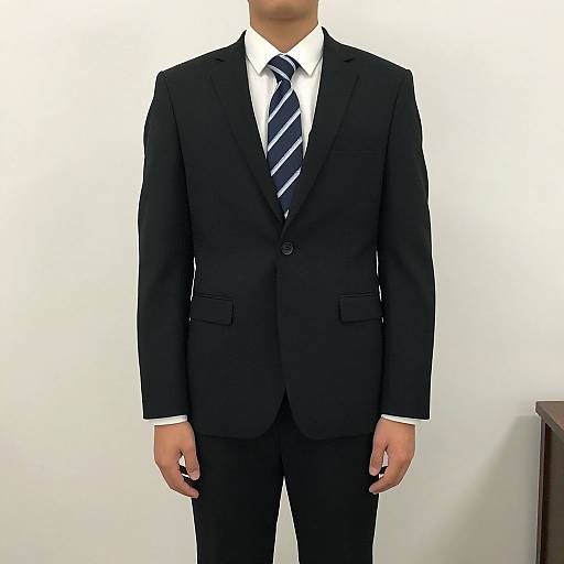 Photograph of a man's torso wearing a black suit, white shirt, and navy blue striped tie, standing against a plain white background.