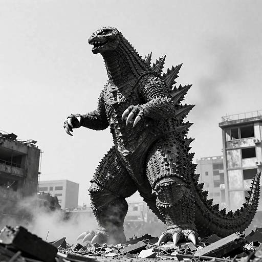 Godzilla Statue Amidst Urban Ruins