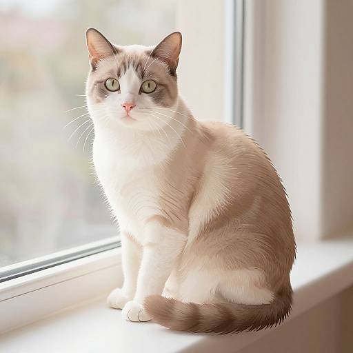 Photograph of a fluffy, light brown and white cat with green eyes, sitting on a sunlit windowsill, gazing forward.