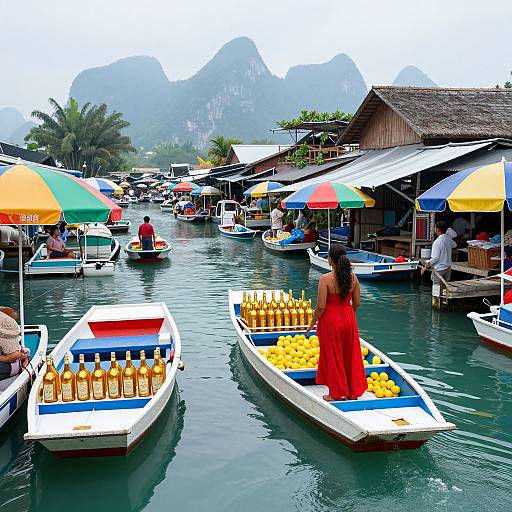 Photograph of a vibrant floating market with colorful umbrellas, boats filled with yellow lemons and orange juice, and a woman in a red dress standing