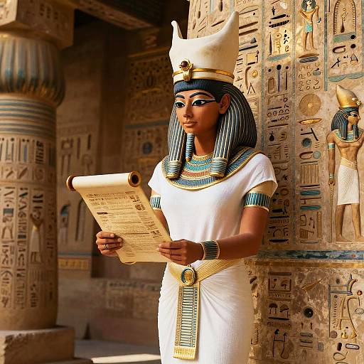 Photorealistic digital art of an Egyptian woman in traditional attire, holding papyrus, standing against a carved stone wall with hieroglyphs.