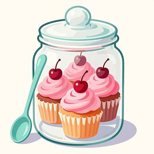 Digital illustration of a glass jar with pink swirled cupcakes topped with two red cherries, a teal spoon on the left.
