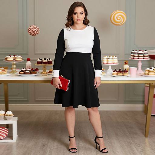 Photograph of a woman with fair skin, dark brown wavy hair, wearing a black and white dress, black heels, and red clutch, standing