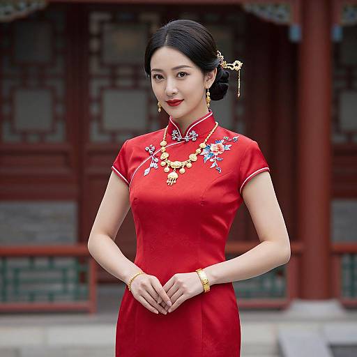 Photograph of an elegant Asian woman with black hair in a bun, wearing a red cheongsam with floral embroidery, gold necklace, and bracelet,