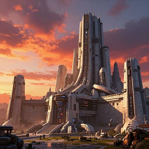 Photorealistic CGI of a futuristic, towering sci-fi cityscape at sunset, with vibrant orange and purple skies, and small robotic figures in the foreground