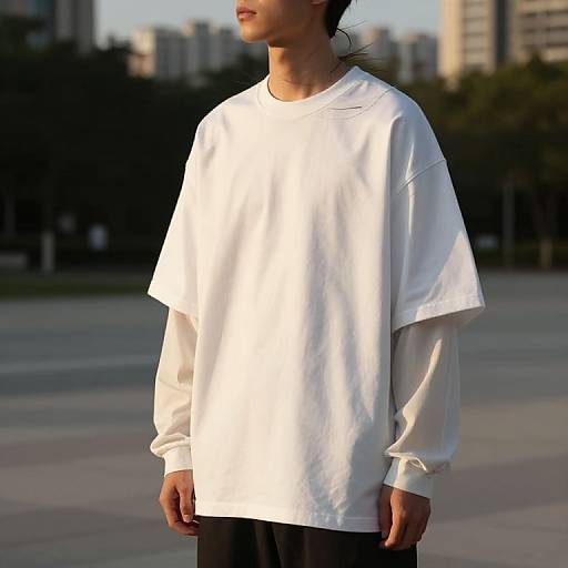 Photograph of a young man with East Asian features, wearing a loose white oversized shirt and black pants, standing outdoors with urban buildings and trees in the