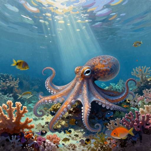 Vibrant underwater photograph of a large orange octopus with white spots, surrounded by colorful coral reefs and various fish, illuminated by sunlight filtering from above