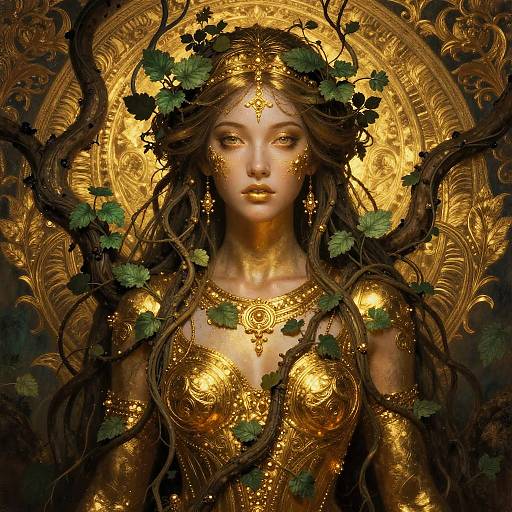 Digital art of a golden goddess with long brown hair, adorned with leafy vines, wearing ornate gold armor, and a glowing halo, set against