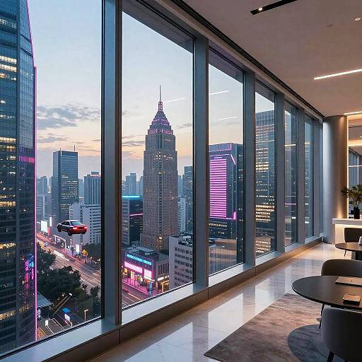 Photograph of a modern skyscraper's high-rise lounge with floor-to-ceiling windows showing a cityscape at dusk, featuring the Empire State Building and
