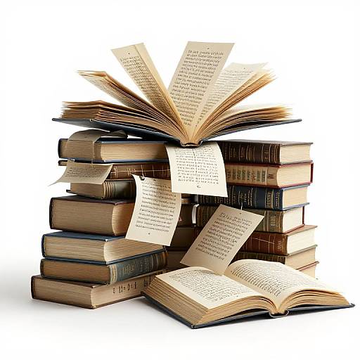 Photograph of a tall, dynamic stack of open books with pages flying upward, creating a sense of motion and knowledge explosion.