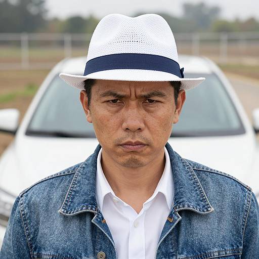 Serious Man in Denim and Straw Hat