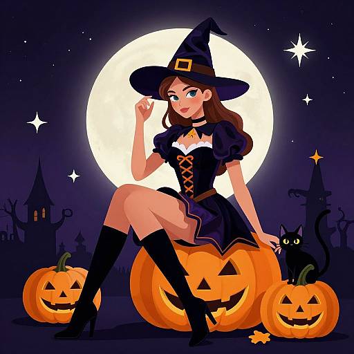 Stylish Witch with Black Cat
