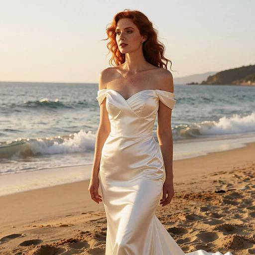 Photograph of a red-haired woman in a white, off-shoulder satin dress walking on a sunlit beach with gentle waves.