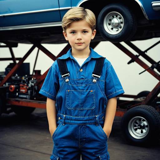 Young Boy Mechanic in Blue Overalls