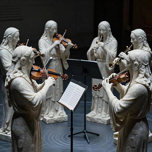 Photograph of five white marble statues playing violins in a circular arrangement, with sheet music on a stand in the center.