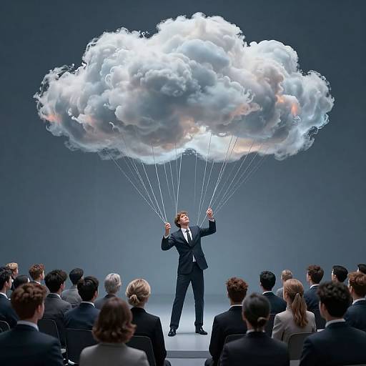 Photograph: Businessman in suit holding cloud on strings, standing center stage, surrounded by seated audience in formal wear, dark blue background.