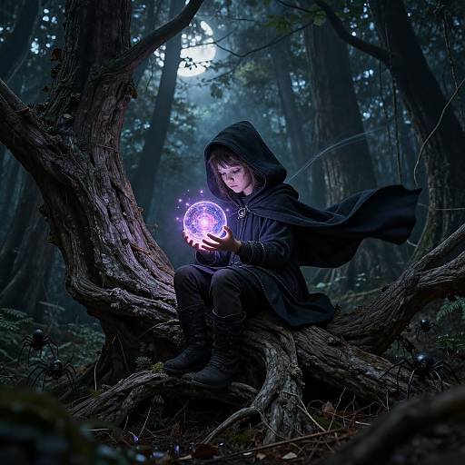 Photograph of a young person in a dark hooded cloak, sitting on a tree in a mystical, moonlit forest, holding a glowing purple magical
