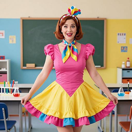 Photograph of a smiling woman in a colorful, pink and yellow, puffed-sleeve dress with a bright bow, in a bright classroom with