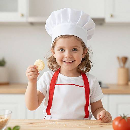Photograph of a smiling young girl with light brown hair, wearing a white chef hat and red apron, holding a cookie in a bright kitchen.