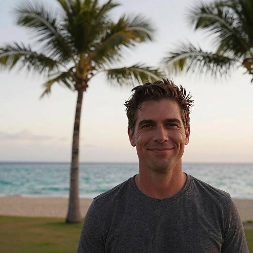 Photograph of a smiling middle-aged man with short, dark hair, wearing a gray shirt, standing in front of a beach with palm trees and ocean