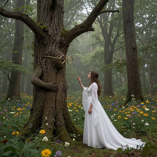 Photograph: Enchanted forest scene with a woman in a white lace dress, reaching for golden rings on a mystical tree. Dense greenery and