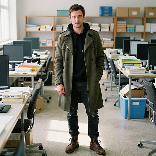 Photograph of a handsome, dark-haired man in a long olive coat, black hoodie, and brown boots standing in a sunlit, cluttered office