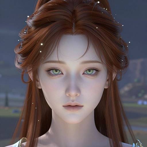 CGI portrait of a pale, green-eyed young woman with long, red hair, glowing white highlights, and ethereal sparkles, set against a