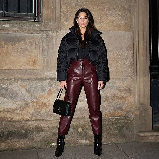 Photograph of a woman with long dark hair, wearing a black puffer jacket, maroon leather pants, black boots, and a small black purse