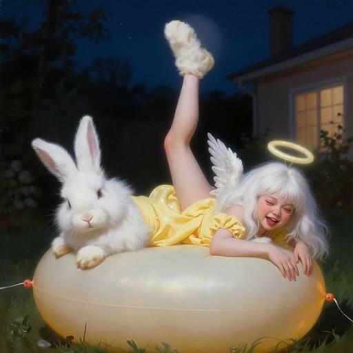 Photograph of a white-haired angelic girl with wings and halo, lying on a glowing balloon, next to a white rabbit, at night in a