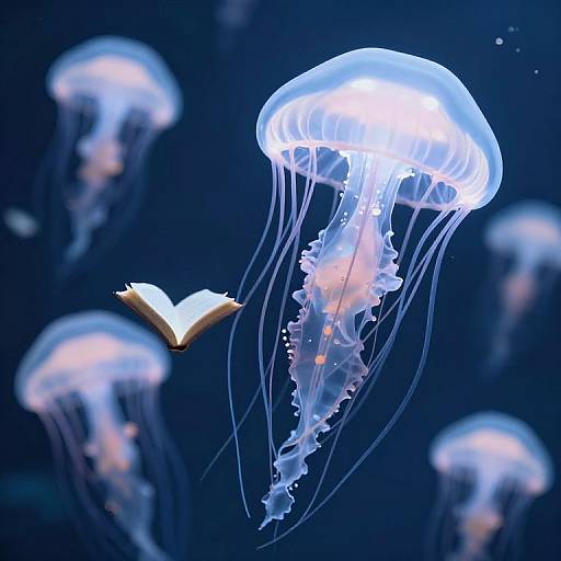 Photograph of glowing blue jellyfish with translucent, flowing tentacles, floating beside an open book in a dark blue underwater scene.