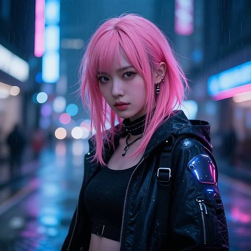 Neon-lit, rainy city street photograph of an androgynous person with pink hair, black choker, and leather jacket, gazing