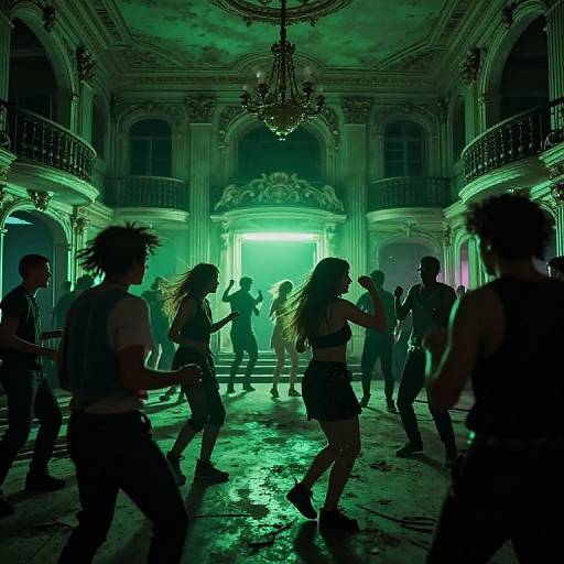 Photograph of a dark, neon-lit ballroom with silhouetted dancers in casual attire, green lighting, ornate ceiling, and ch