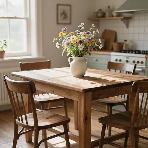Photograph of a rustic kitchen with a wooden table, four mismatched chairs, white vase of colorful wildflowers, sunlight streaming in.