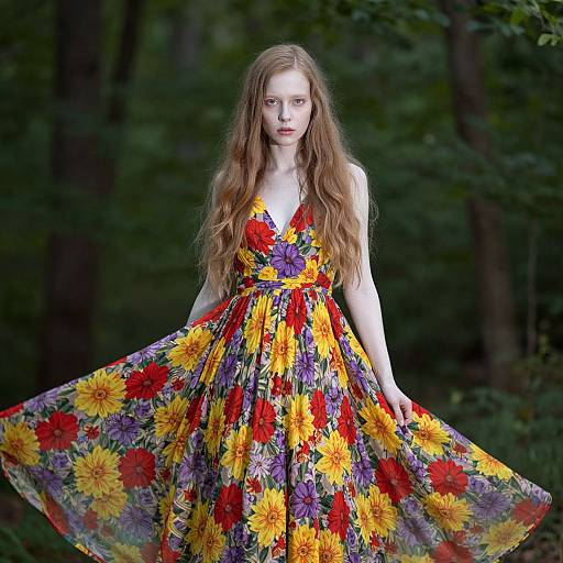 Photograph of a fair-skinned, red-haired woman wearing a vibrant, floral sundress with red, yellow, and purple flowers in a lush,