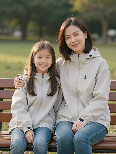 Mother and Daughter Sitting on Park Bench