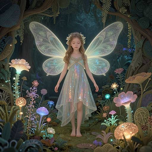 Photograph of a fairytale-style fairy girl with translucent wings, wearing a shimmering, iridescent dress, standing in a magical forest of