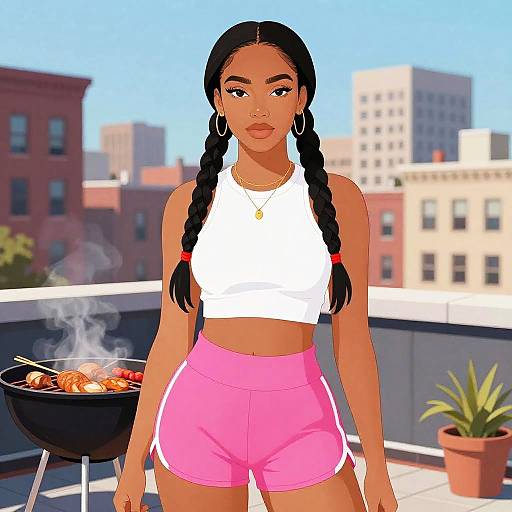 Sporty Chic Woman on Rooftop BBQ