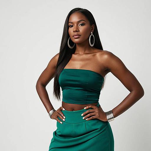 Elegant Woman in Emerald Green Bandeau and Skirt