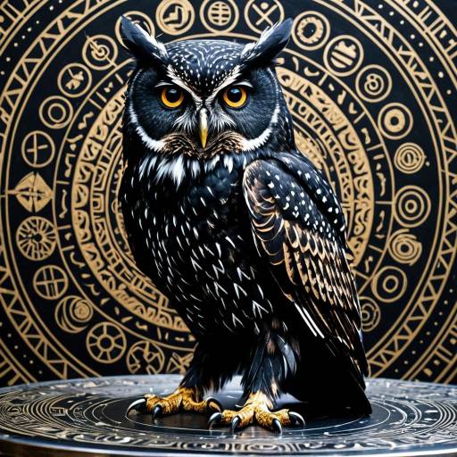 Black Owl on Metallic Table with Tribal Symbols