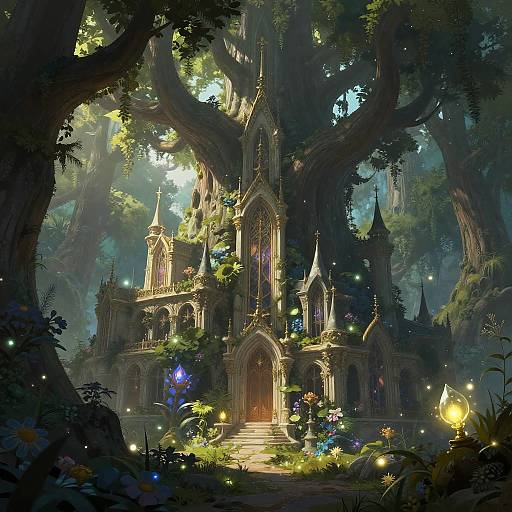 Enchanted, fairy-tale Gothic castle surrounded by glowing fireflies and lush, magical forest; illuminated by ethereal light, with intricate architecture and