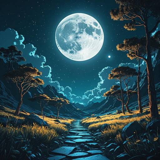 Surreal Full Moon Over Illuminated Mountain Path