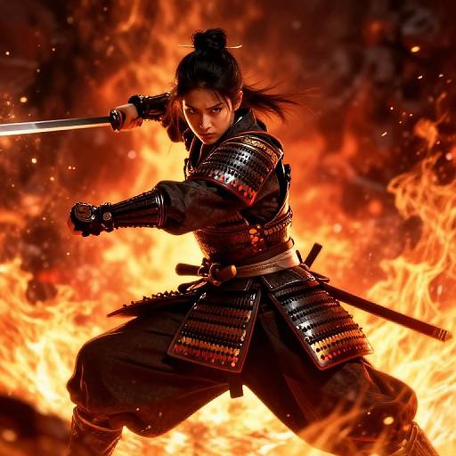 Digital artwork of a fierce Japanese samurai woman with black hair in a topknot, wielding a sword, surrounded by intense orange flames. She wears