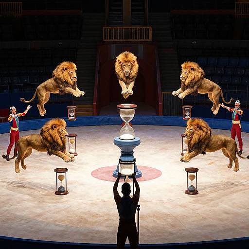 Circus performers with red and white outfits balance five leaping lions around a central platform with a glass hourglass, under bright stage lights.