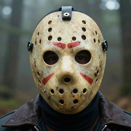 Photograph of a person wearing a blood-stained, yellow Jason Voorhees-style mask with red stripes, black straps, and a dark jacket in