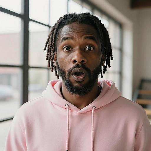 Surprised Man in Pink Hoodie