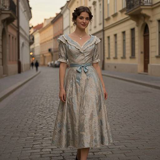 Photograph of a young woman with fair skin and dark hair in an elegant, light blue floral dress, standing on a cobblestone street in a
