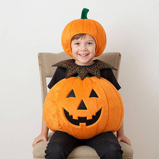 Photograph of a smiling young boy in a pumpkin hat and black shirt with a large carved pumpkin in front, seated on a beige chair against a white