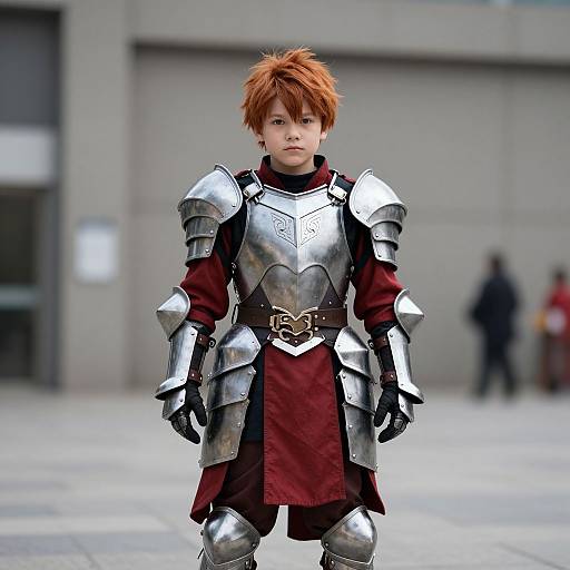 Photograph of a young boy with red hair in silver medieval armor and red tunic, standing confidently in an urban plaza. Blurred background includes people