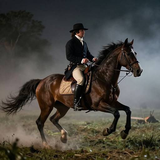 Photograph of a man in 18th-century equestrian attire riding a galloping dark brown horse at night, surrounded by mist and grass