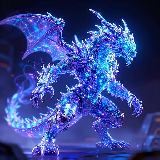 Glowing blue and purple digital dragon sculpture with crystalline spikes, wings, and claws, illuminated against a dark, futuristic background.